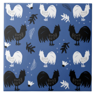 Roosters Hand Drawn Floral Farm Pattern Tile