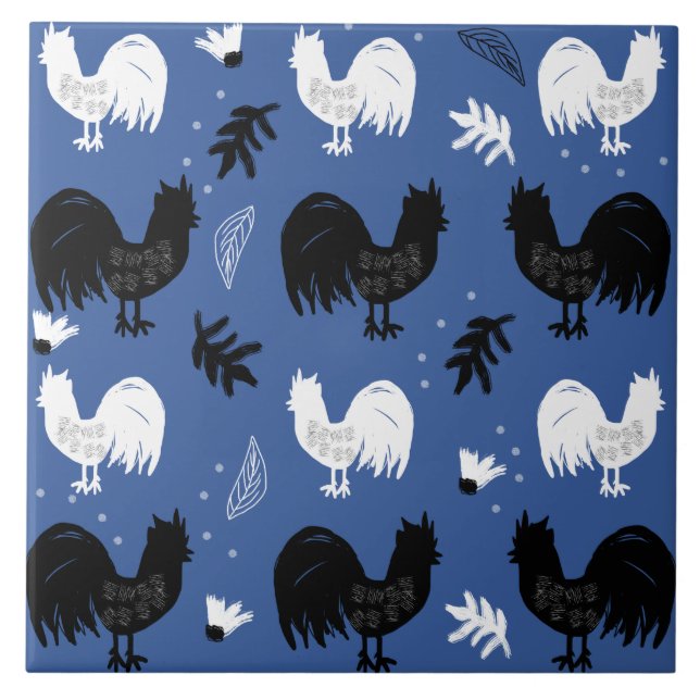 Roosters Hand Drawn Floral Farm Pattern Tile (Front)