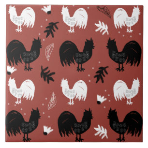 Roosters Hand Drawn Floral Farm Pattern Tile