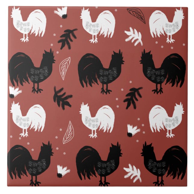 Roosters Hand Drawn Floral Farm Pattern Tile (Front)