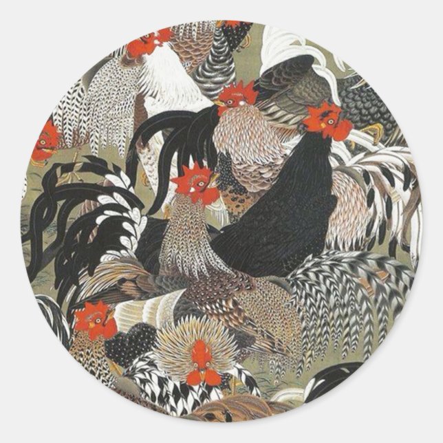 Roosters Hen Illustration by Ito Jakuchu Classic Round Sticker (Front)