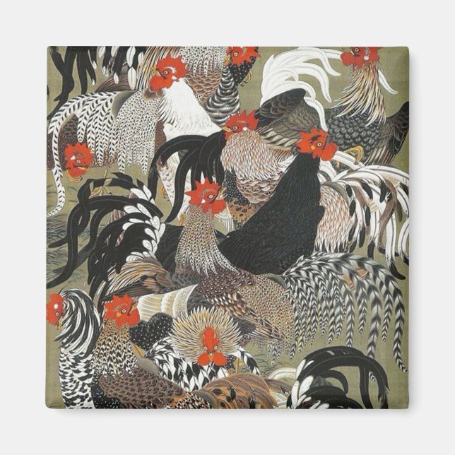 Roosters Hen Illustration by Ito Jakuchu Magnet (Front)