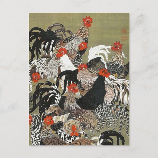 Roosters Hen Illustration by Ito Jakuchu Postcard (Front)