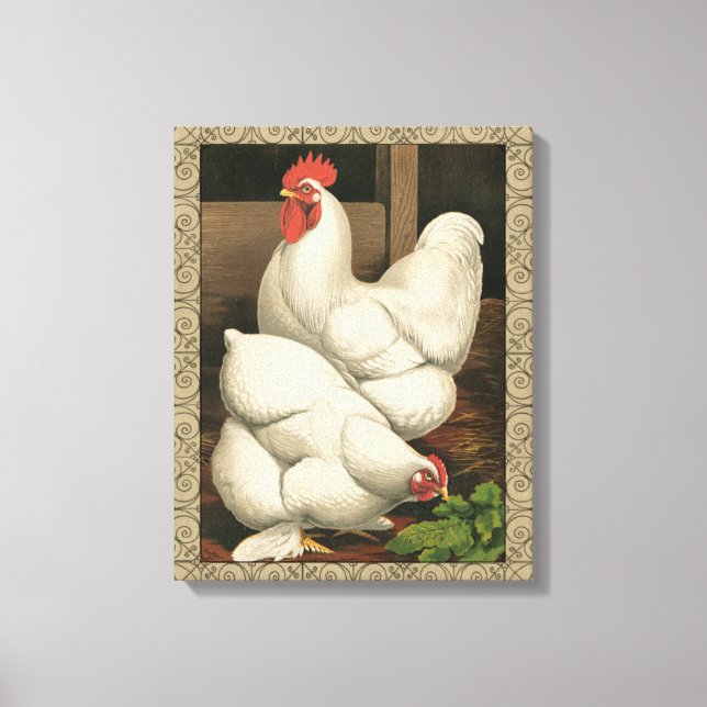 Roosters & Hen outside Hen House with White Border Canvas Print (Front)