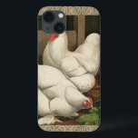 Roosters & Hen outside Hen House with White Border iPhone 13 Case<br><div class="desc">A rustic art print displaying a vigourous rooster and a hen in a hen house. The darc ecru border is pattern consists of spiral elements. This print would be a gread addition to a rural country home decoration.</div>