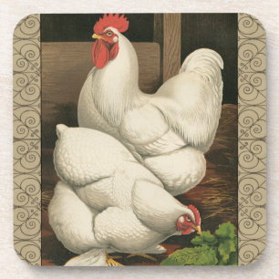Roosters & Hen outside Hen House with White Border Coaster
