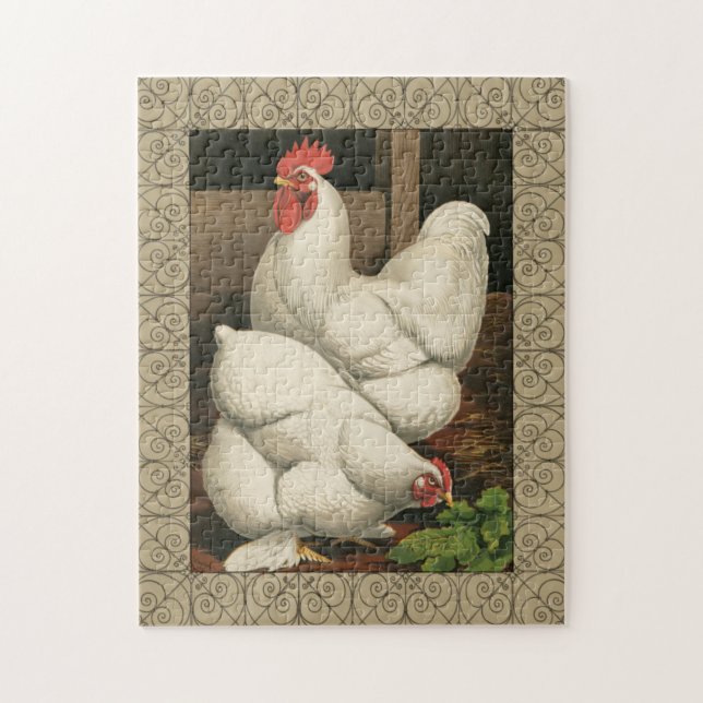 Roosters & Hen outside Hen House with White Border Jigsaw Puzzle (Vertical)