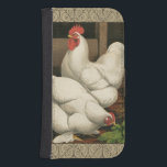 Roosters & Hen outside Hen House with White Border Samsung S4 Wallet Case<br><div class="desc">A rustic art print displaying a vigourous rooster and a hen in a hen house. The darc ecru border is pattern consists of spiral elements. This print would be a gread addition to a rural country home decoration.</div>
