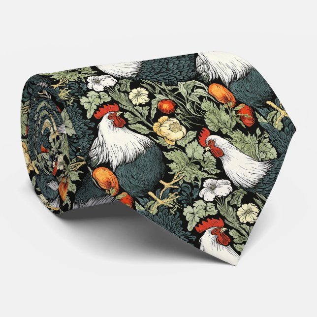 Roosters in the Green Garden William Morris Style Tie (Rolled)