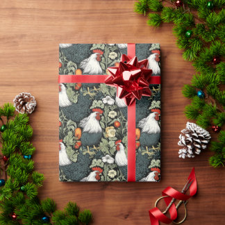 Roosters in the Green Garden William Morris Style Wrapping Paper