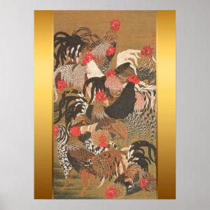 Roosters Japanese Painting with Golden Background Poster