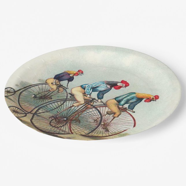Roosters Riding Tall Bikes Paper Plate (Angled)
