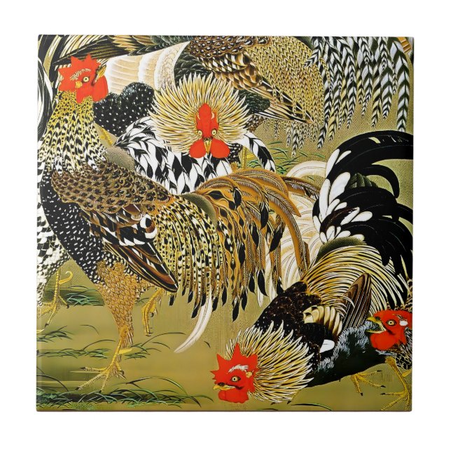 Roosters Vintage Japanese Chickens Tile (Front)