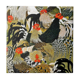 Roosters Vintage Japanese Chickens Tile