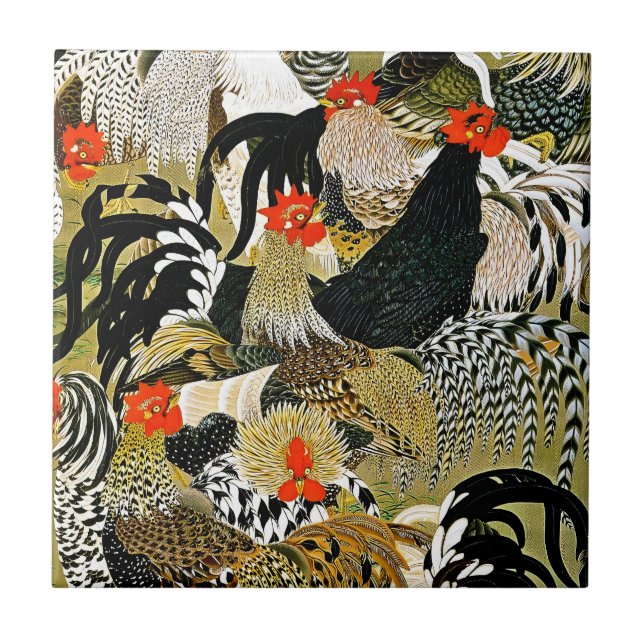 Roosters Vintage Japanese Chickens Tile (Front)