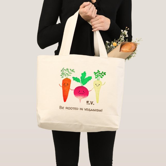 Root Vegetables Pun - Be Rooted in Veganism Large Tote Bag (Front (Product))