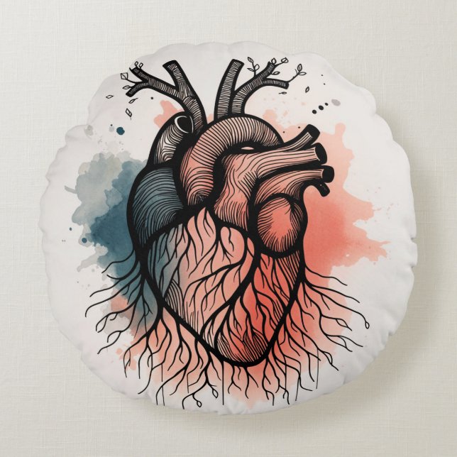 Rooted Heart Organic Line Art Round Cushion (Front)