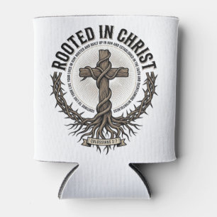 Rooted in Christ Cross Vintage Engraving Christian Can Cooler