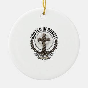 Rooted in Christ Cross Vintage Engraving Christian Ceramic Tree Decoration