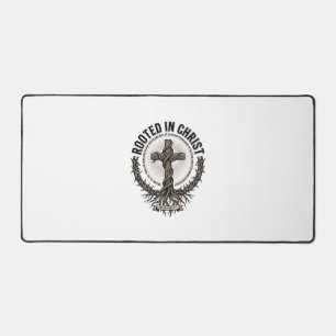 Rooted in Christ Cross Vintage Engraving Christian Desk Mat