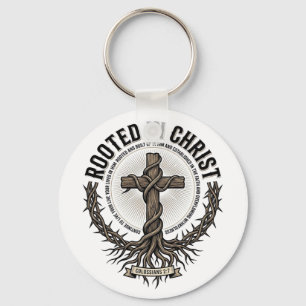 Rooted in Christ Cross Vintage Engraving Christian Key Ring