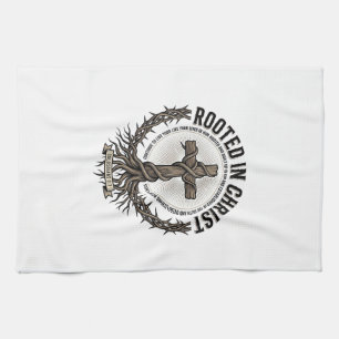 Rooted in Christ Cross Vintage Engraving Christian Tea Towel