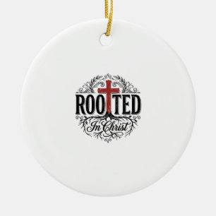 Rooted in Christ Vintage Christian Cross Design_1 Ceramic Tree Decoration