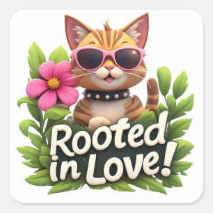 Rooted In Love Cat With Sunglasses Emblem 🌼 Square Sticker