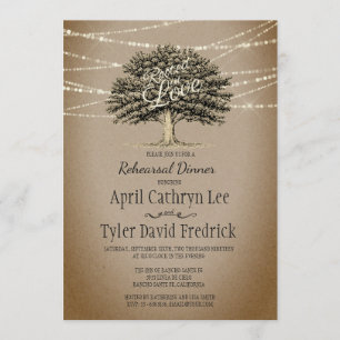 Rooted in Love Rustic Tree Lights Rehearsal Dinner Invitation