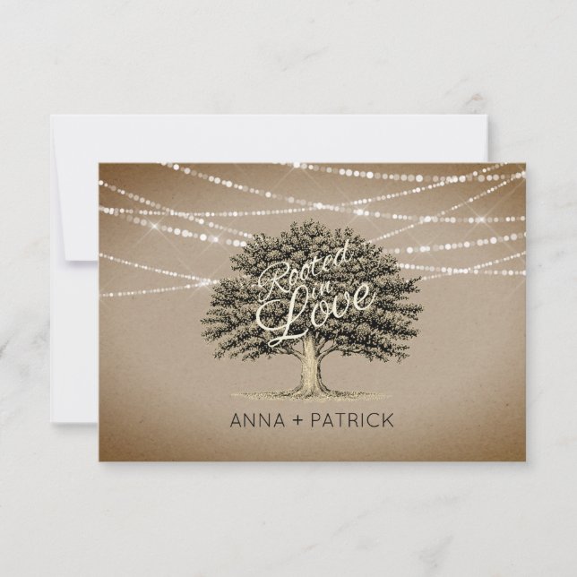 Rooted in Love Rustic Tree & Lights Wedding RSVP (Front)