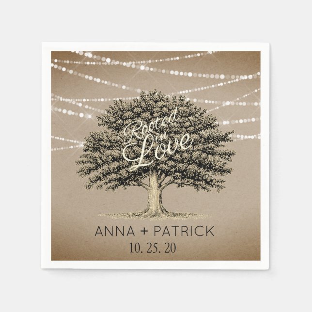 Rooted in Love Rustic Tree String Lights Wedding Napkin (Front)