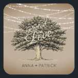 Rooted in Love Rustic Tree String Lights Wedding Square Sticker<br><div class="desc">Unique design rustic custom wedding stickers featuring an old oak tree decorated with string of lights and a typographic text phrase which says "Rooted in Love" being placed on top against a faux kraft-textured paper background.</div>