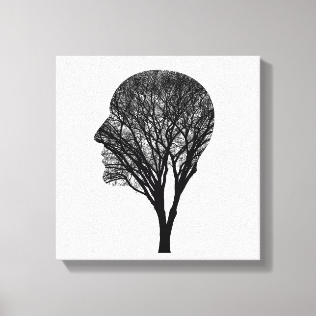 Rooted Mind – Human Profile Tree Silhouette Art Canvas Print (Front)