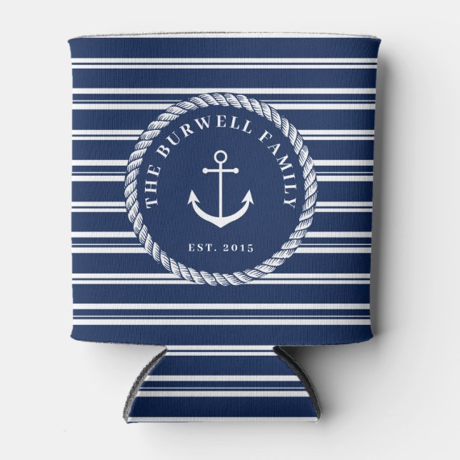 Rope & Anchor Navy Blue Stripes Add Name Can Cooler (Front)