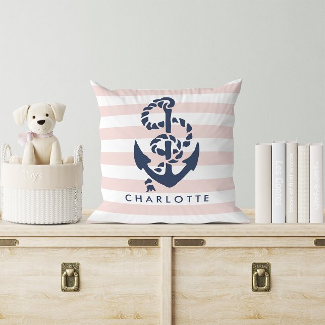 Rope & Anchor Pink Stripe Nautical Personalised Cushion (Creator Uploaded)