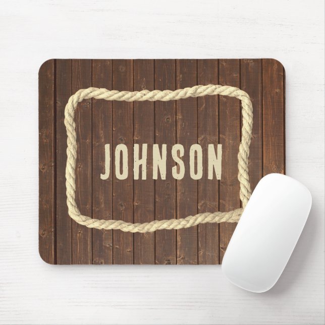 Rope Frame On Teak Wood With Last Name Mouse Mat (With Mouse)