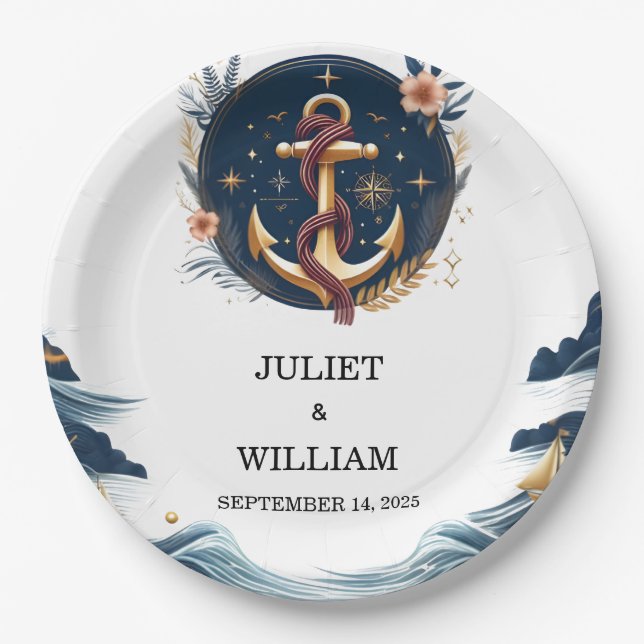 Rope Knot Boat Ship Navy Blue Nautical Wedding Paper Plate (Front)