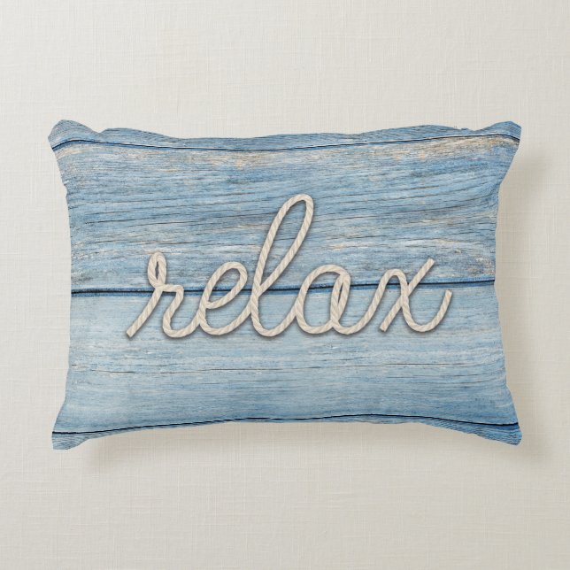 rope "relax" text on blue wood decorative cushion (Front)