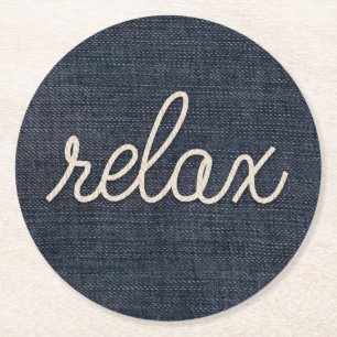 Rope Relax Text on Denim Round Paper Coaster