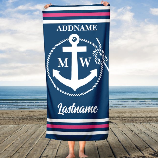 Rope Stripes and Anchor Monogram Beach Towel (Creator Uploaded)