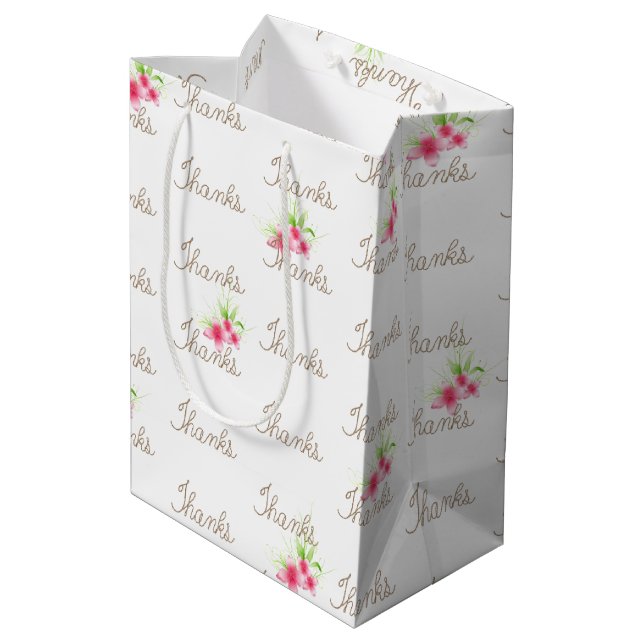 Rope Thanks Text with Pink Flowers Medium Gift Bag (Back Angled)
