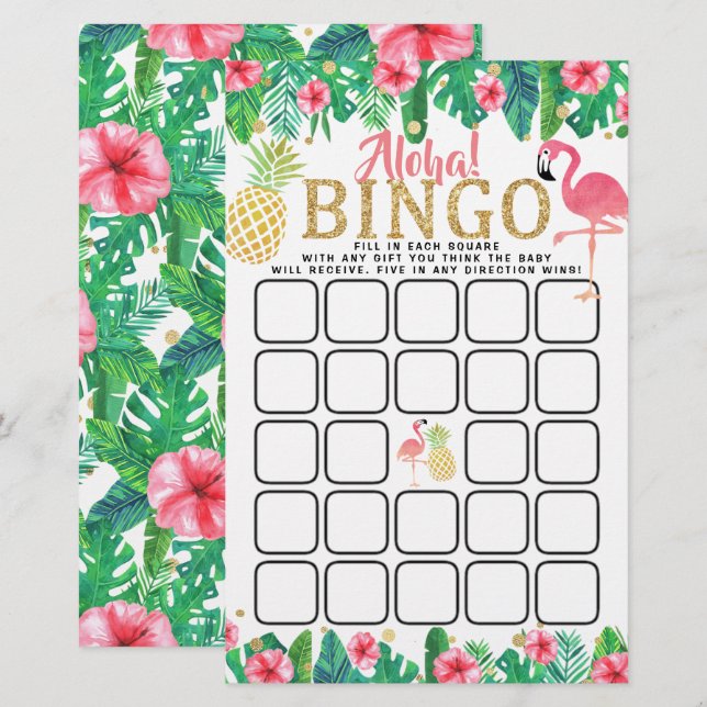ropical Summer Beach Luau Girls Baby Shower Bingo (Front/Back)