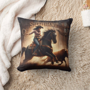 Roping A Bull During Sunset Rodeo Competition Cushion