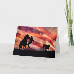 Roping American Cowboy with Horse and Steer Card