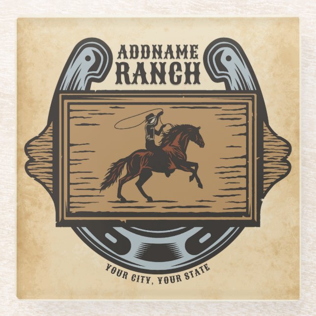 Roping Cowboy ADD NAME Western Family Horse Ranch Glass Coaster (Front)