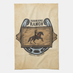 Roping Cowboy ADD NAME Western Family Horse Ranch Tea Towel