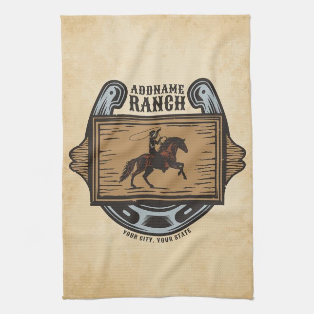 Roping Cowboy ADD NAME Western Family Horse Ranch Tea Towel (Vertical)