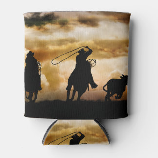 Roping Cowboys and Steer Country Western Can Cooler