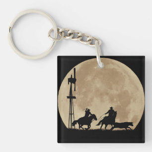 Roping Cowboys with Steer and Windmill and Moon Key Ring