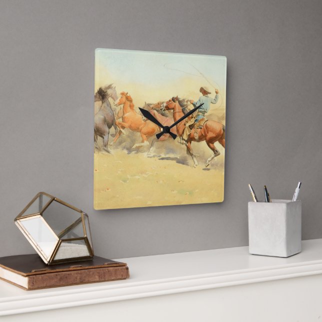 Roping Horses by Maynard Dixon Square Wall Clock (Office)